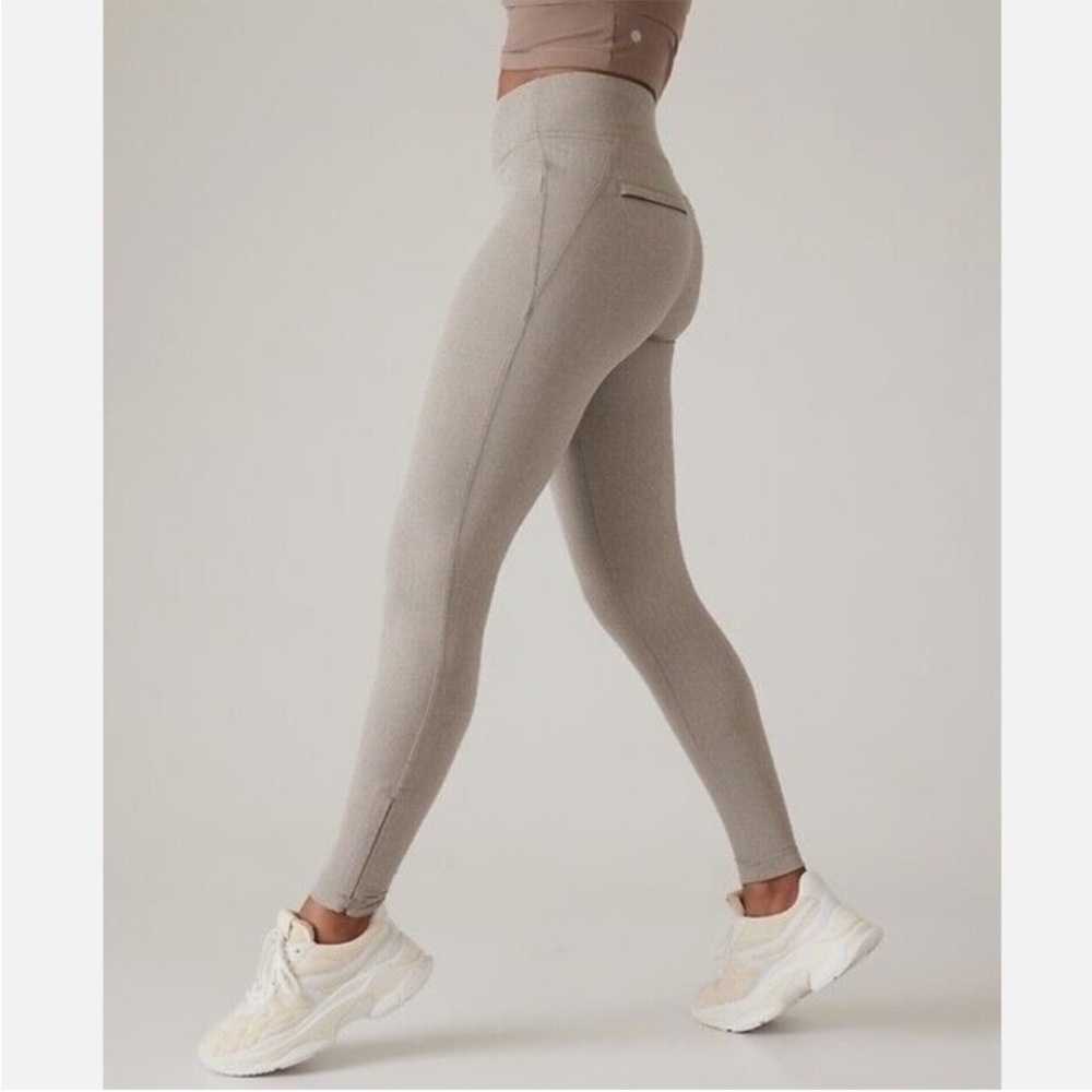 NWT Athleta Delancey Skyline Herringbone Tights Leggings Tan Zipper Size Small